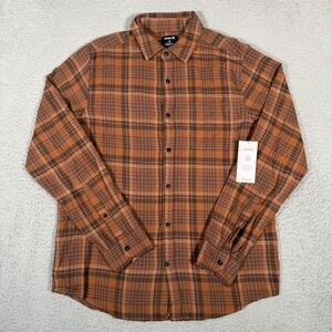Hurley Shirt Mens Small Orange Brown Plaid Button Up Flannel Lightweight New